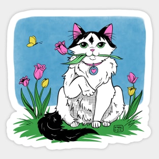 Kitty with Tulips (Don't give tulips to cats, it's poisonous) Sticker